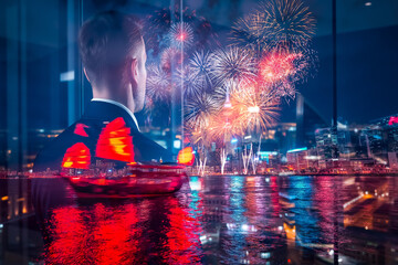 Poster - A man in a suit contemplates the vibrant Hong Kong cityscape and dazzling fireworks display through a window, using a double exposure technique.