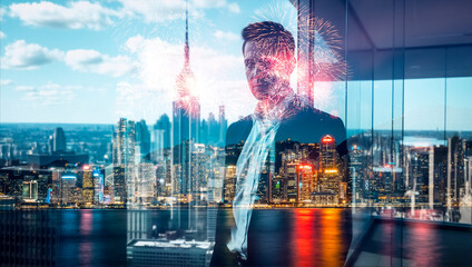 Aufkleber - Double exposure creates a unique view of Hong Kong. A man's silhouette merges with the vibrant cityscape at night, illuminated by fireworks.