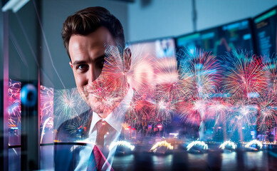 Leinwandbilder - Smiling man in suit with double exposure of vibrant fireworks display over Hong Kong cityscape at night. City skyline backdrop.