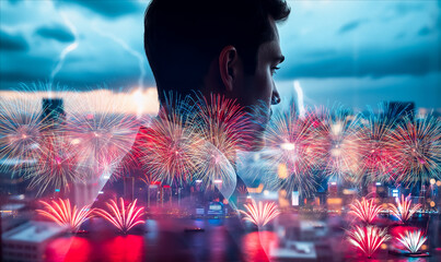 Aufkleber - A contemplative man gazes over Hong Kong's skyline, a double exposure overlaying vibrant fireworks and a cityscape against a moody sky.