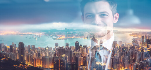 Poster - Double exposure image of a smiling man superimposed over a Hong Kong cityscape at twilight. Urban skyline blends with a confident person.