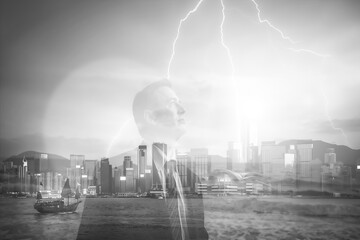Aufkleber - A double exposure image of a person looking up against a Hong Kong cityscape and a bright lightning strike in a monochrome style.