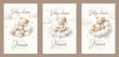 © ku4erashka - Set of Watercolor New born baby shower invitation. Greeting card with sleeping teddy bear on cloud around the stars.