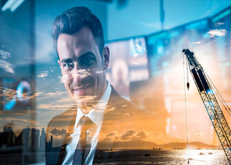 Poster - A double exposure image blends a smiling businessman portrait with a Hong Kong cityscape, harbor at sunset, and a construction crane.