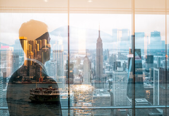 Poster - A double exposure artfully merges a person's silhouette gazing out a window with a vibrant Hong Kong cityscape, showcasing the bustling city's skyline and harbor views.