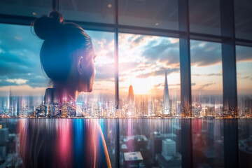 Fototapete - Woman gazes at Hong Kong cityscape through a window. Double exposure effect blends her silhouette with the vibrant urban panorama at sunset.