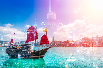 Aufkleber - Double exposure of Hong Kong shows a junk boat with red sails sailing on turquoise waters under bright sky.