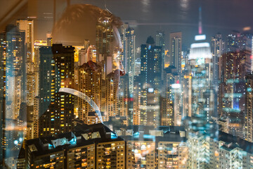 Poster - Hong Kong cityscape at night, presented with a double exposure effect. Buildings glow with lights, creating a dynamic and layered urban panorama.