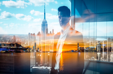 Poster - Double exposure image showing a person layered with a Hong Kong cityscape.  Modern urban scene with buildings, water, and sky creates an artistic layered effect.