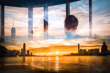 Aufkleber - Double exposure of Hong Kong cityscape at sunset, with a person gazing out at the skyline. Golden light reflecting on the water.