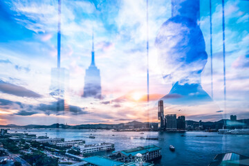Poster - Hong Kong skyline double exposure with silhouetted person. Cityscape view blends with a cloudy sky at sunset, creating an ethereal urban scene.