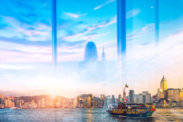Aufkleber - Hong Kong cityscape at sunset with a boat on the water.  Double exposure effect overlaying a woman's silhouette onto the vibrant city scene.