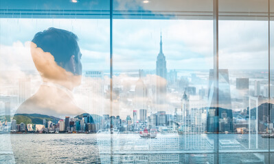 Poster - A double exposure image showing a person gazing out a window. The Hong Kong skyline is subtly overlaid, blending urban and human elements in a unique composition.