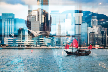Poster - Hong Kong cityscape with double exposure effect showcasing a face silhouette over buildings, water, and traditional boats against a mountain backdrop.