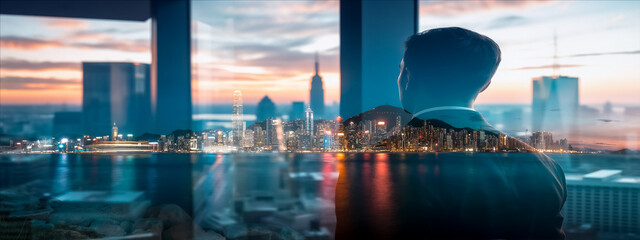 Poster - Double exposure of a person gazing at the Hong Kong cityscape at dusk from a high-rise. City lights reflect in water, creating a vibrant urban scene.