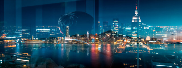 Fototapete - Hong Kong cityscape at night in double exposure. City lights reflect on water creating a scenic urban view with a person's silhouette.