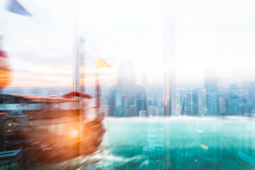 Aufkleber - Double exposure image of a junk boat sailing in Hong Kong harbor, layered with a cityscape at dusk. Vivid turquoise sea and golden light.