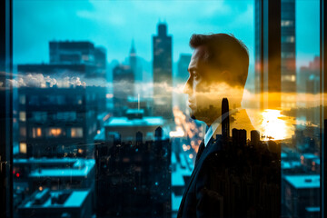 Aufkleber - A man thoughtfully gazes out a window; a double exposure blends his profile with the Hong Kong cityscape at dusk. City lights glow warmly in the evening.