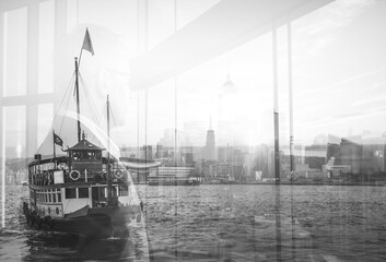 Poster - Double exposure captures Hong Kong, blending a traditional junk boat with the city's skyline. A monochrome view creates an ethereal and timeless scene.