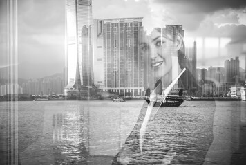 Poster - Monochrome double exposure art blending a woman's smile with a Hong Kong harbor and city view.  Urban and serene elements combined in one image.