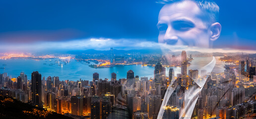 Poster - Double exposure featuring a man's face overlaid with a nighttime cityscape of Hong Kong. City lights blend with the portrait in an abstract style.