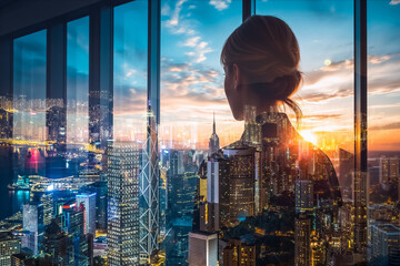 Poster - Woman gazes at Hong Kong skyline through a window. Double exposure effect blends her silhouette with the vibrant cityscape and sunset.