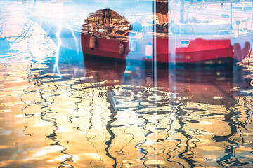 Aufkleber - Hong Kong harbor with boats is creatively layered with a cityscape using double exposure. Water reflections create an artistic and dreamy scene.