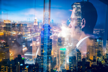 Poster - Double exposure image of a man overlooking Hong Kong skyline at night. City lights illuminate the urban scene in this artistic, blended portrait.