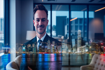Poster - Double exposure art of a smiling professional in a suit in Hong Kong. City skyline and lights overlay a modern office interior.
