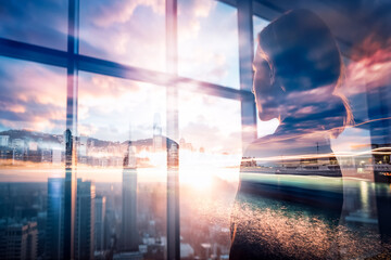 Poster - Dreamy double exposure of Hong Kong cityscape blended with a person gazing through a window. City lights and sky merge in a surreal, reflective scene.