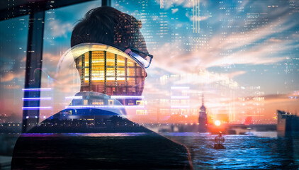 Poster - A figure contemplates the vibrant Hong Kong skyline through a window with a double exposure effect, blending city lights with abstract digital patterns.
