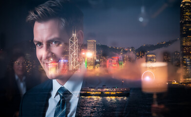 Poster - A man's face is subtly overlaid with a vibrant double exposure of Hong Kong's iconic skyline at night, blending business with city life.