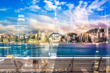Fototapete - A double exposure captures the vibrant Hong Kong skyline blended with a blurred figure. The cityscape features towering buildings reflecting in the water under a bright sky, creating an abstract urban
