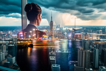 Aufkleber - A woman contemplates the vibrant Hong Kong skyline through a window, creating a double exposure effect with her silhouette and the cityscape.