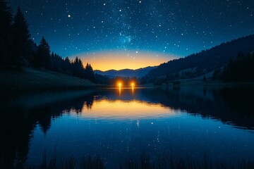 Wall Mural - starry night lake scene: majestic mountain reflection