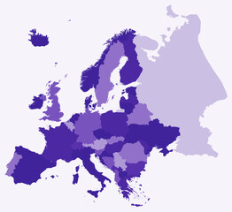 map of europe with countries. just a simple continent border map with country division. deep purple 