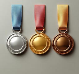 gold silver bronze medals hanging on ribbons victory awards celebration success sports competition