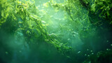 underwater view of algae and seaweed, capturing the serene and dynamic beauty of an aquatic ecosystem. The perspective immerses the viewer into the depths of the ocean