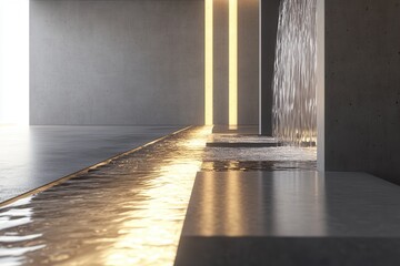 Poster - Water Feature in Modern Concrete Architecture with Reflected Light Smooth Concrete Structure and Minimalist Design with Open Floor Plan and Geometric Columns