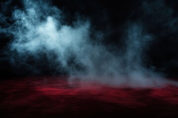 Poster - Abstract Blue Smoke Floating Over a Red Textured Surface in a Dark Studio Setting with Atmospheric Lighting Creates a Mysterious and Dramatic Scene