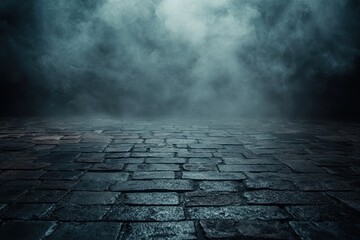 Poster - Abstract Dark Stage Background with Blue Smoke and Bricked Floor Texture for Mockups and Creative Presentations
