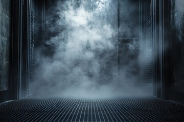Poster - Abstract Dark Stage with White Smoke and Metallic Grid Floor Interior Background Smoky Vapor Texture with Misty Effect