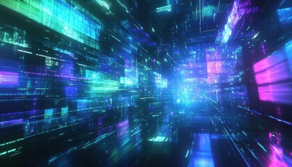 Poster - Abstract Digital Data Stream Tunnel With Cyan Blue Light Futuristic Network Background