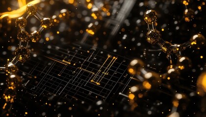 Leinwandbilder - Abstract Golden Particle Network on Black Background Digital Data Visualization Glowing Connections Artificial Intelligence Concept Futuristic Design Internet Communication and Modern Technology