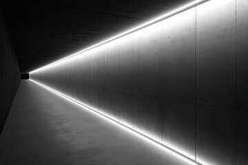 Fototapete - Abstract Illuminated Tunnel Interior with Concrete Walls and Linear Perspective with Metallic Reflections Seamless Elongated Internal Structure in Monochrome