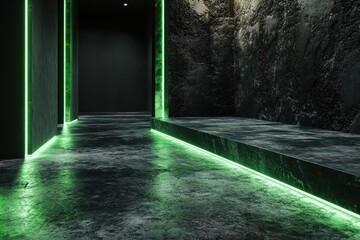 Fototapete - Abstract Interior With Green Neon Lights In Dark Tunnels and Black Walls and Floors Minimalist Geometric Design With a Futuristic Glowing Hallway