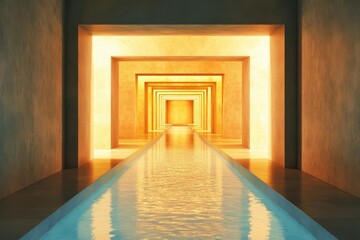 Fototapete - Abstract Tunnel with Geometric Pattern and Water Reflection Warm Tones Minimalist Architecture Design Smooth Surfaces and Clean Lines in a Modern Setting