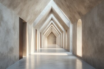 Fototapete - Architectural Corridor with Geometric Design Sunlight and Perspective View with Clean Lines Fair Faced Concrete Interior in a Modern Minimal Style with Neutral Color Palette