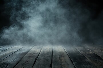 Poster - Atmospheric Smoke and Fog Over Dark Wooden Planks Creating a Mysterious Background with Grayscale Texture and Abstract Stage Effect