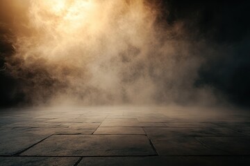 Fototapete - Atmospheric Stage Featuring Dense Fog And Textured Concrete Flooring In Dimly Lit Environment With Soft Illumination For Dramatic Effect